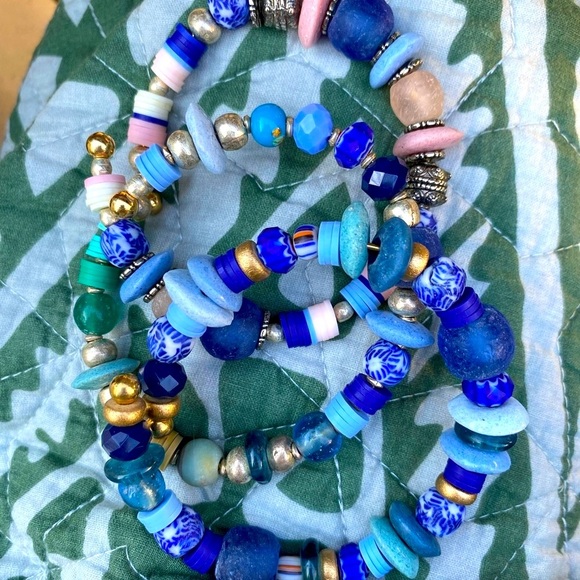 3 piece Handmade bracelet set, in beachy blues. African glass beads. - Picture 1 of 13